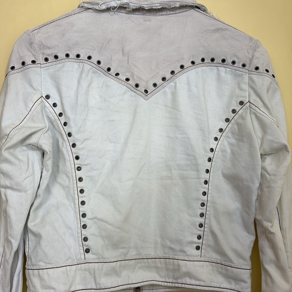 Jakket NY | Cream White Leather & Twill Riveted Studded Zip Pocket Moto Jacket S - Picture 16 of 16